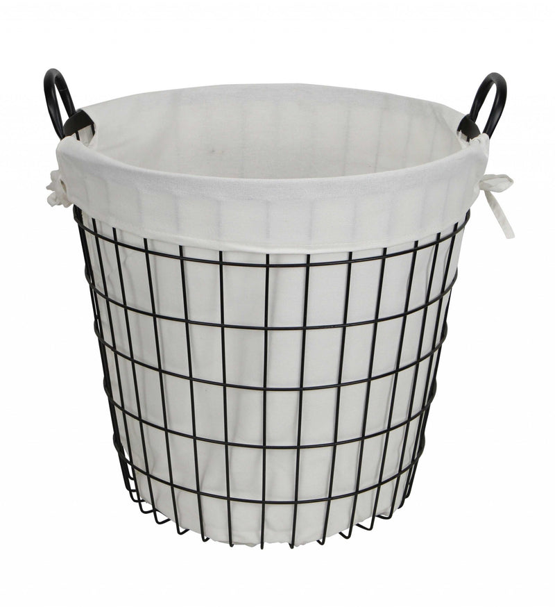 White Fabric Lined Metal Laundry Type Basket with Handle