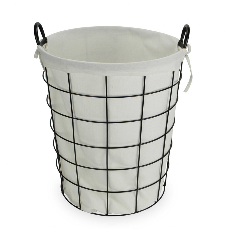 Large White Fabric Lined Metal Laundry Type Basket with Handle