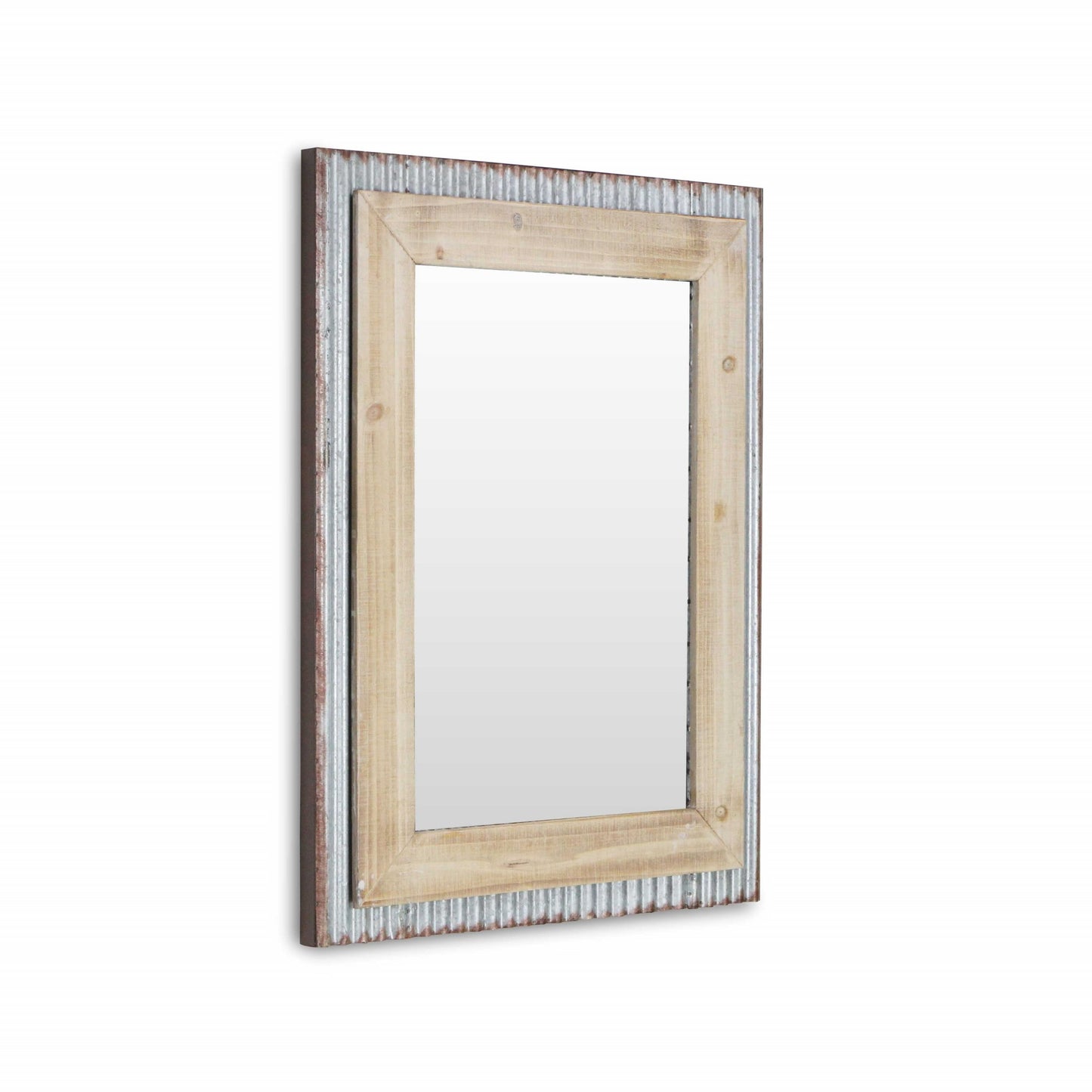 Glavanized Metal and Wood Rectangular Frame Wall Mirror