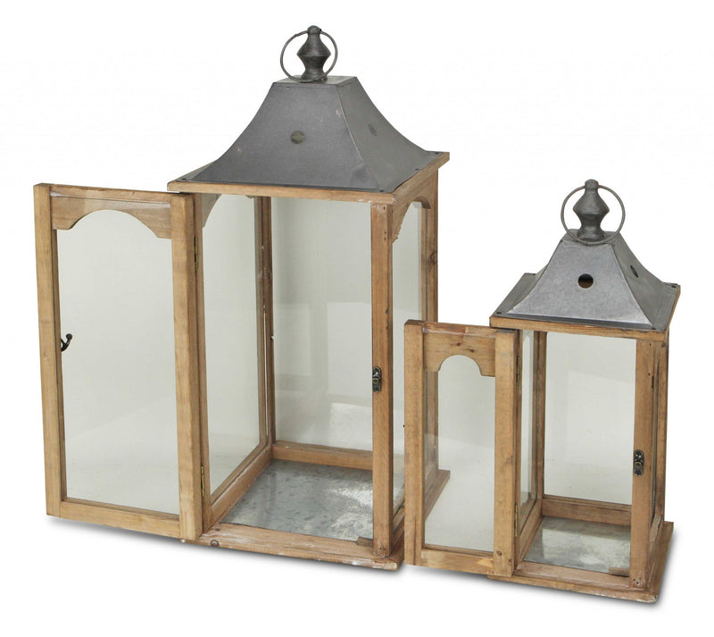Set of 2 Brown Wood finished Frame Glass and Metal Top Lanterns