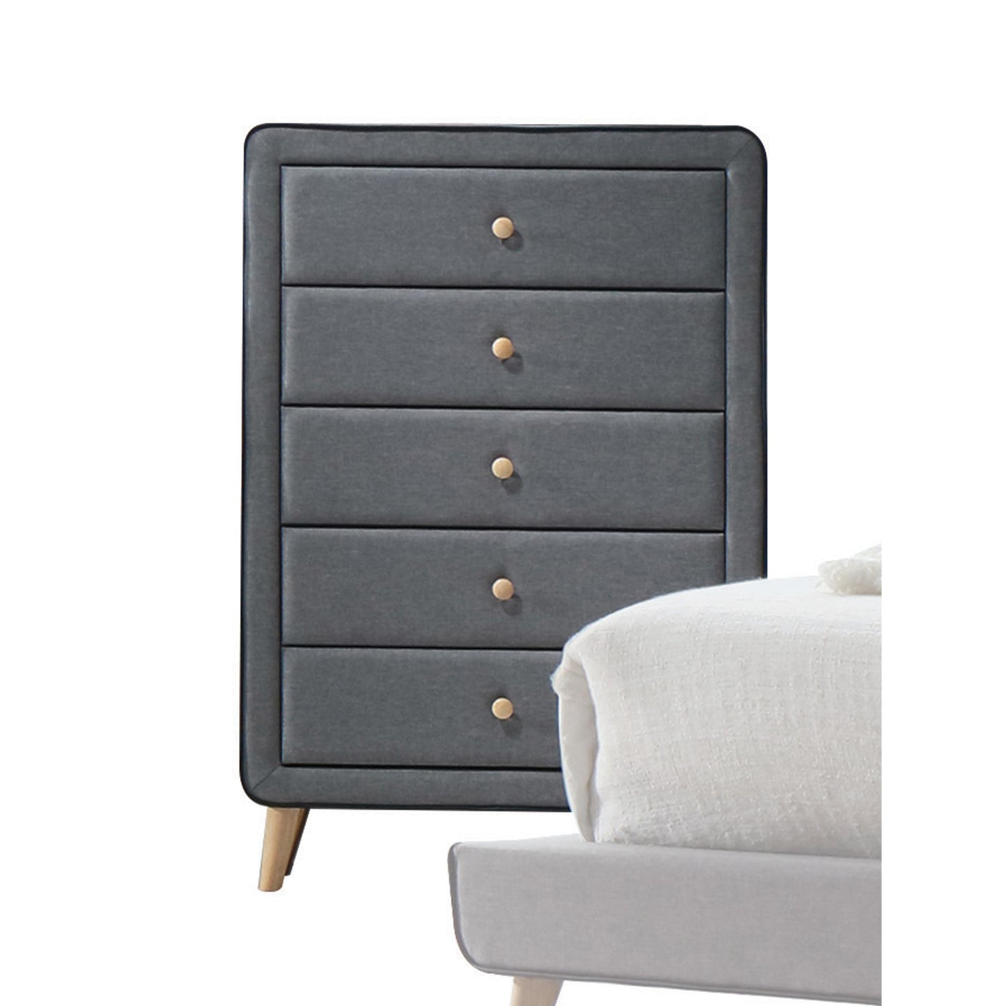46" Light Gray Upholstery 5 Drawer Chest Dresser with light natural legs