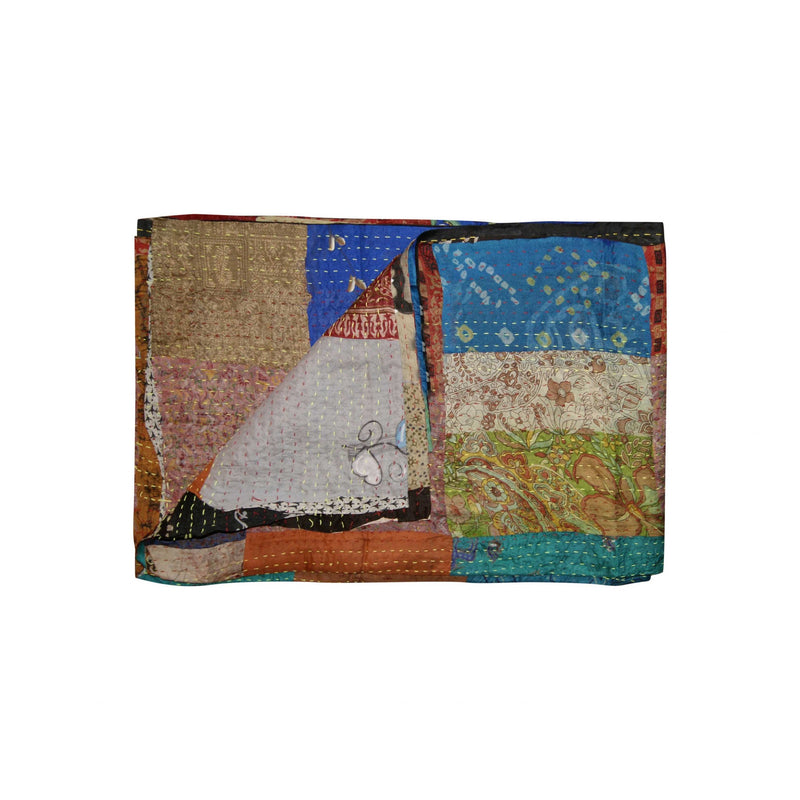 60" x 90" Multicolor Kantha Silk Throw Quilt Blanket
