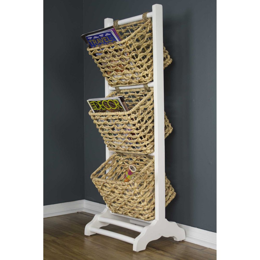 11.8" X 15" X 42.25" White Wash with Natural Wood Water Hyacinth Magazine Rack with Storage Baskets