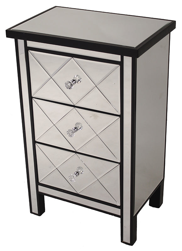 20" X 13" X 31" Black MDF Wood Mirrored Glass Accent Cabinet with Beveled Mirrored Drawers