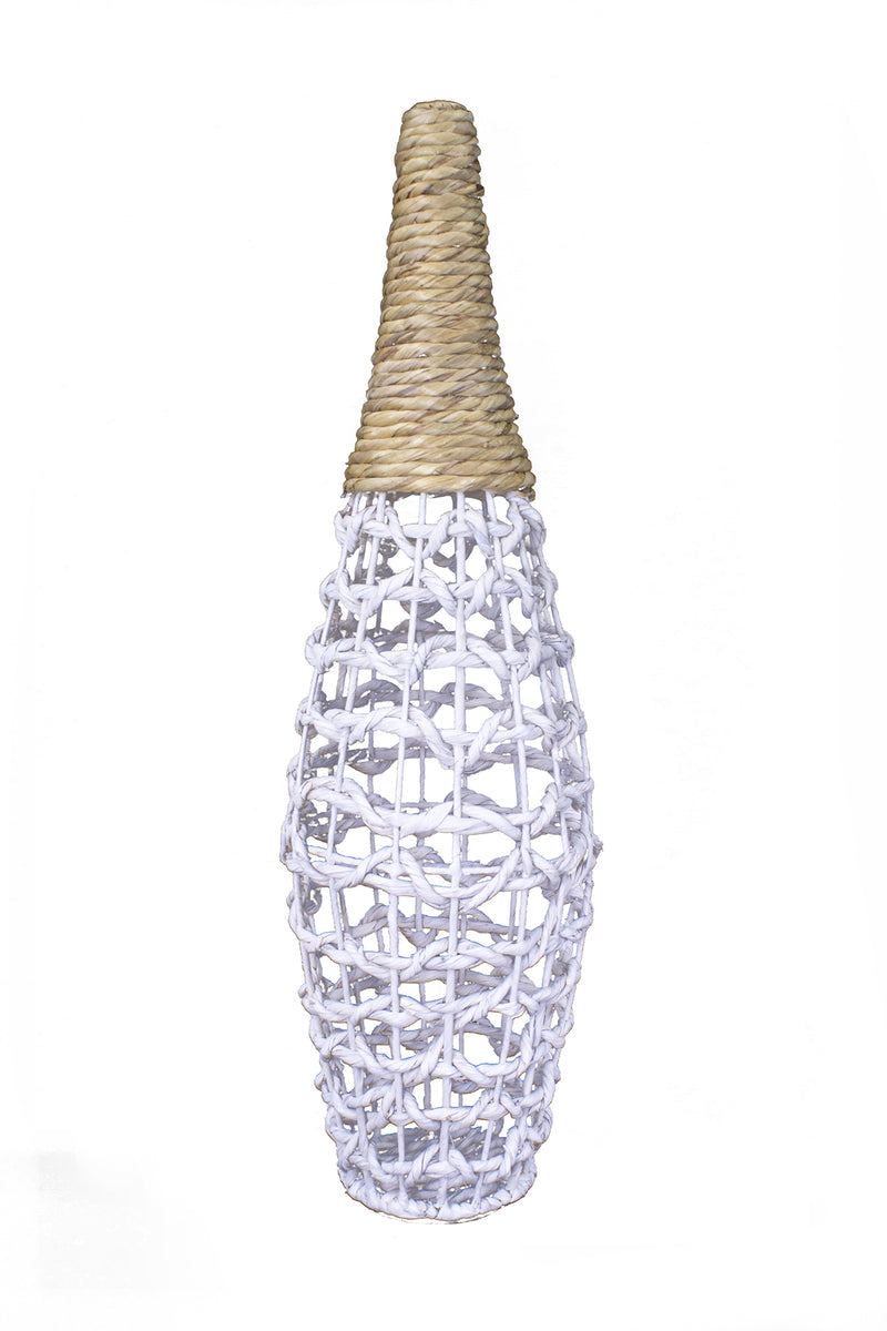 12" X 12" X 38" White And Natural Water Hyacinth Water Hyacinth Woven Floor Vase