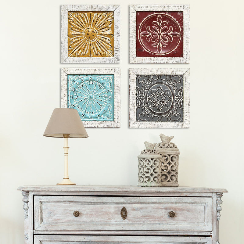 Distressed Medallion Metal and Wood Framed Wall Art