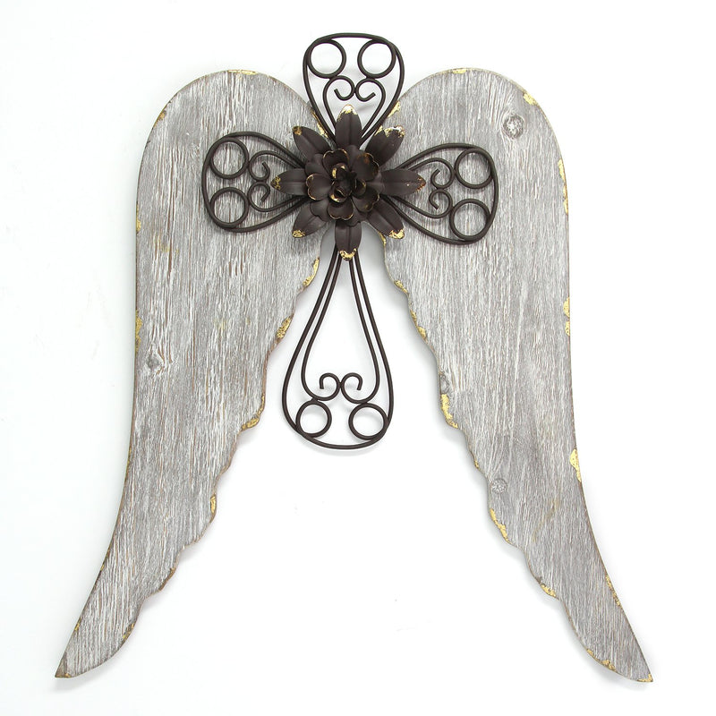 Distressed White Angel Wings With Metal Cross Wall Decor