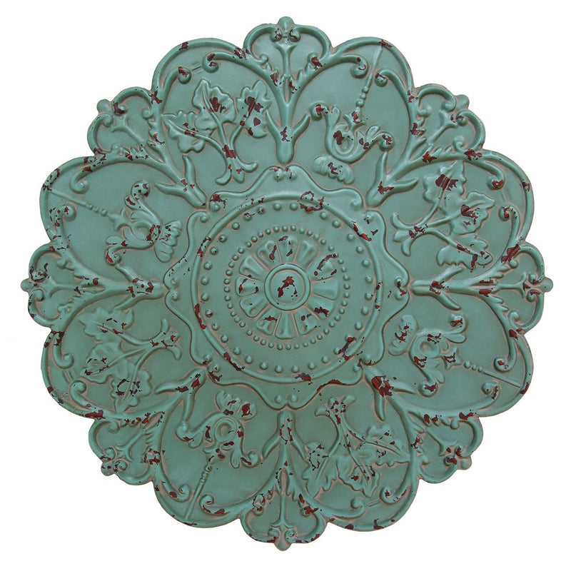 Distressed Floral and Turquoise Medallion Metal Wall Decor