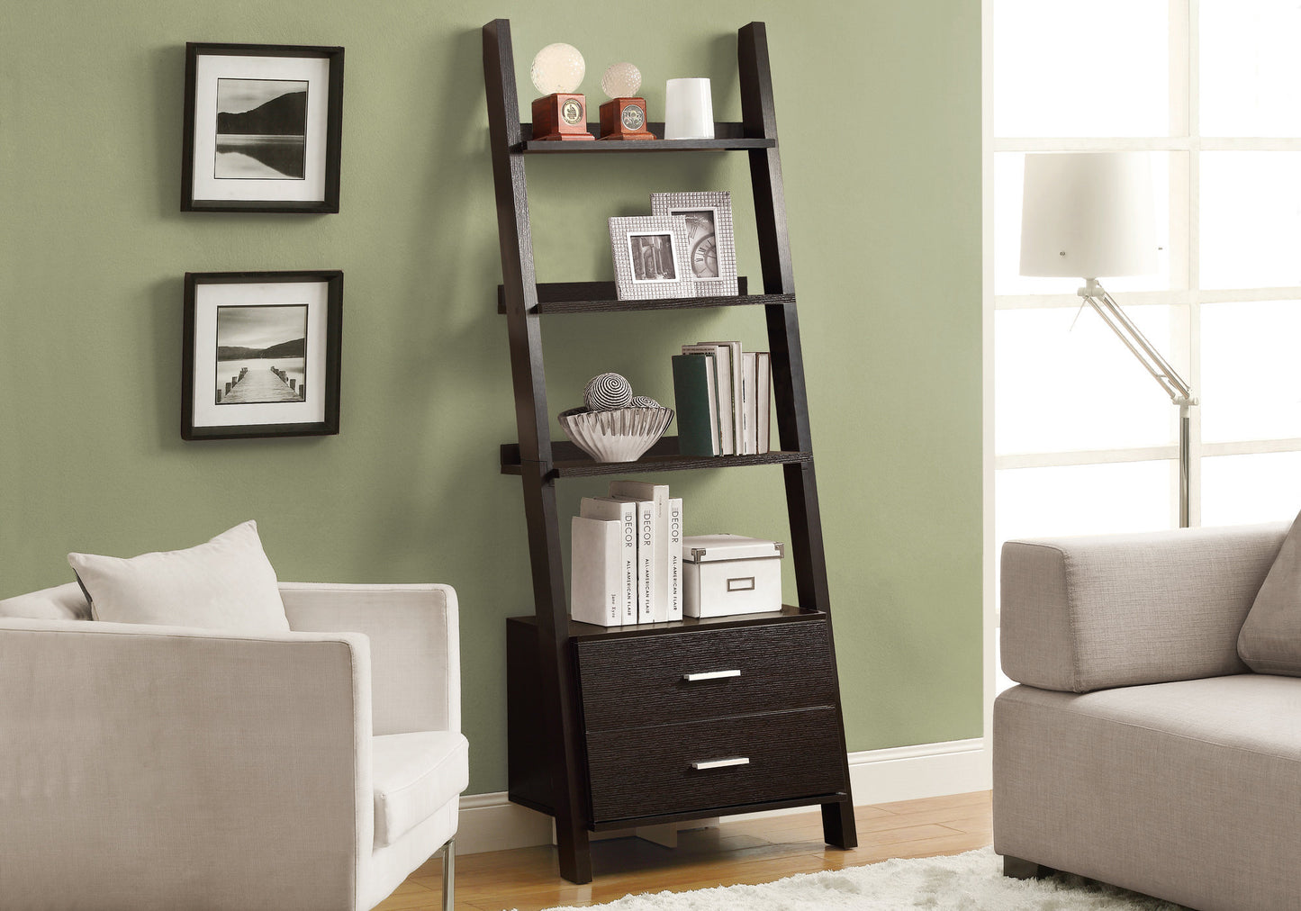 69" Cappuccino Particle Board Ladder Bookcase with Two Storage Drawers