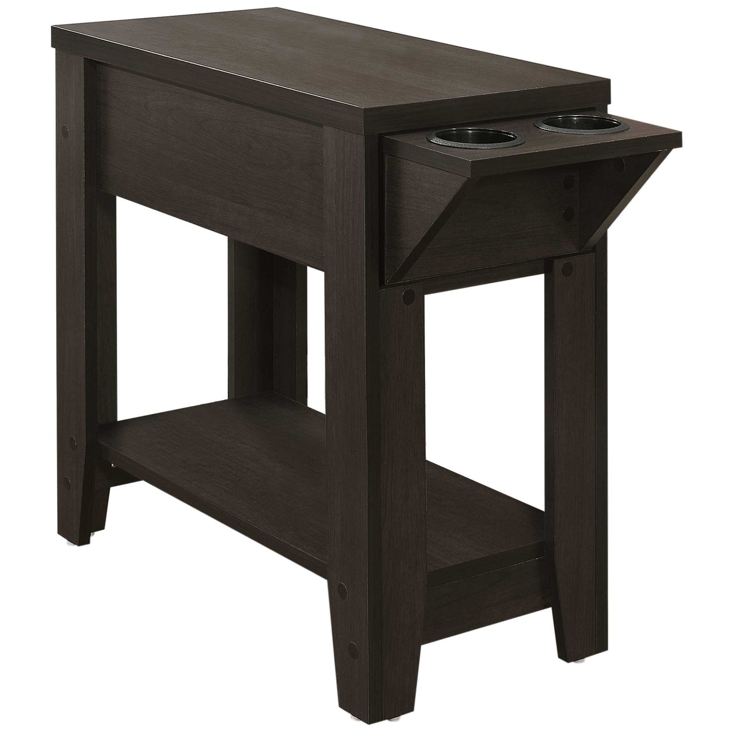 Cappuccino Finish Side Accent Table with Adjustable Cup Holder Drawer and Bottom Shelf