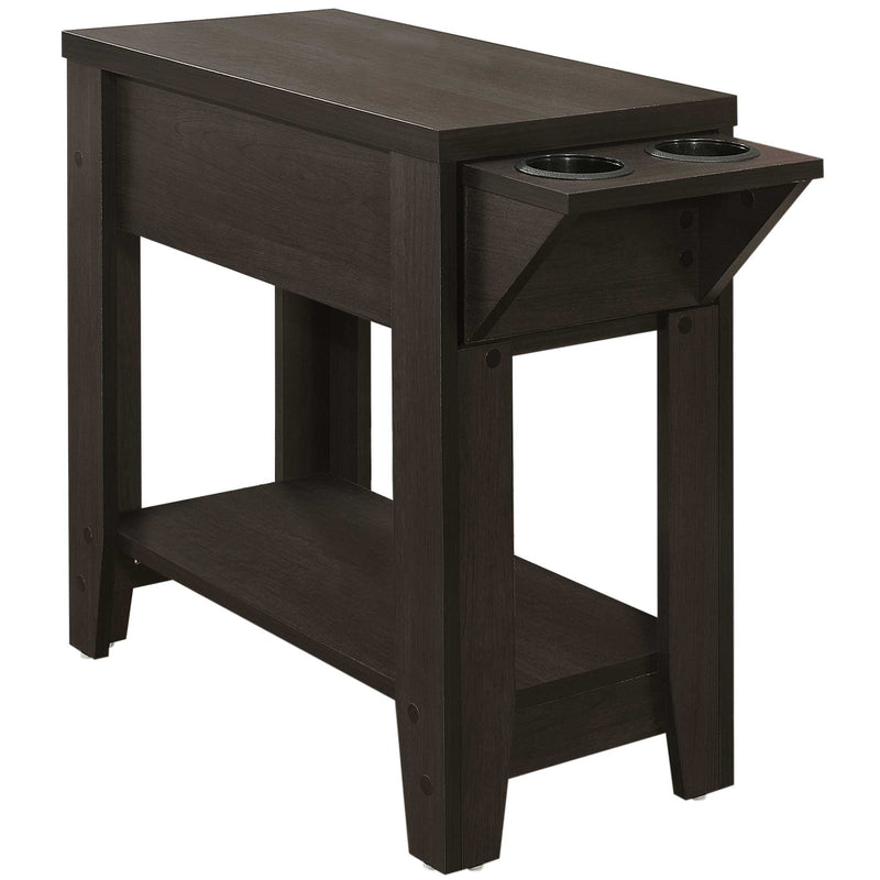 Cappuccino Finish Side Accent Table with Adjustable Cup Holder Drawer and Bottom Shelf