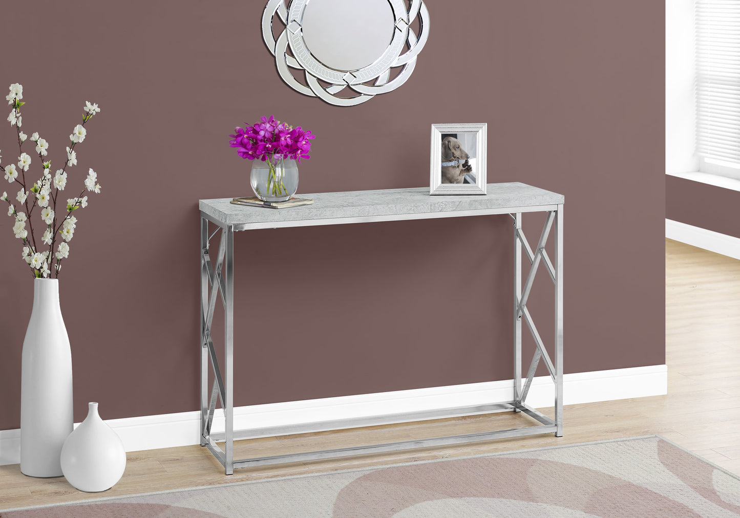 30.5" Grey Cement Particle Board and Chrome Metal Accent Table