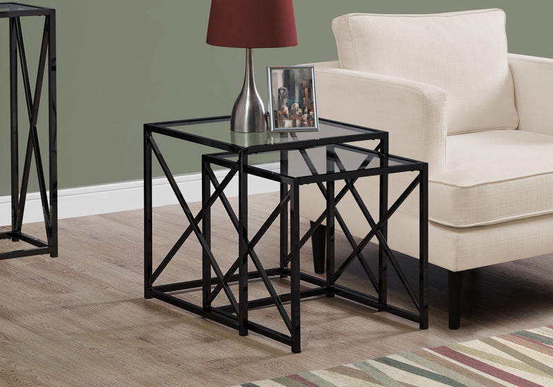 38" Black Nickel Metal and Tempered Glass Two Pieces Nesting Table Set