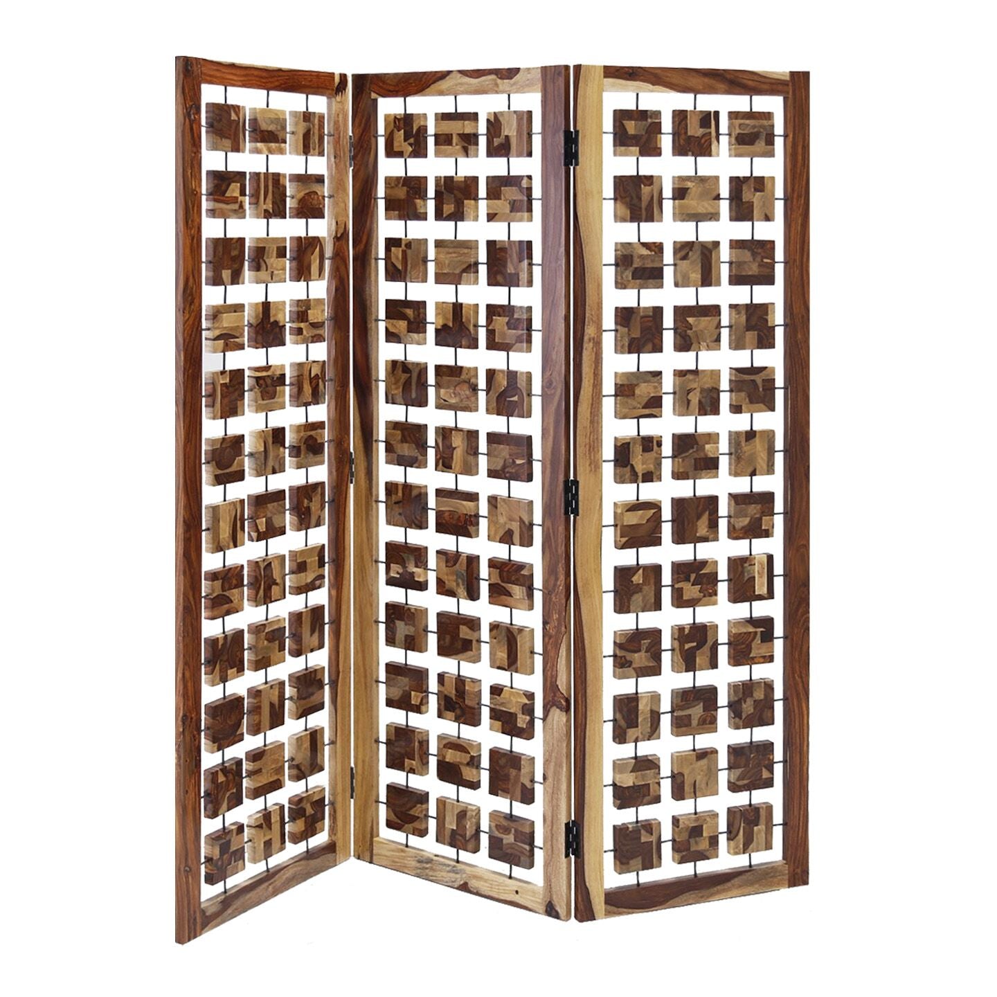 Contemporary Wood Squares 3 Panel Room Divider Screen