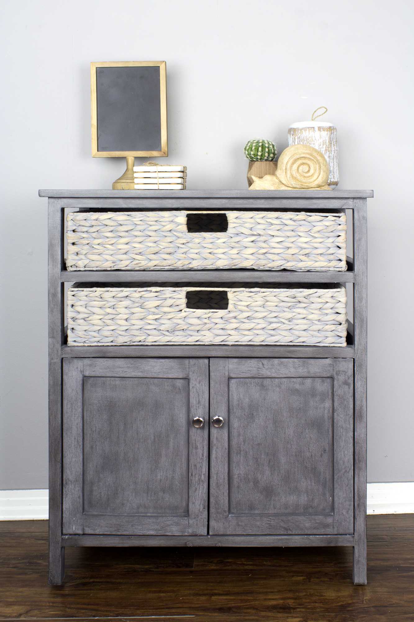 26.5" X 15" X 31.5" Grey Wood MDF Water Hyacinth Water Hyacinth Basket a Door Accent Cabinet