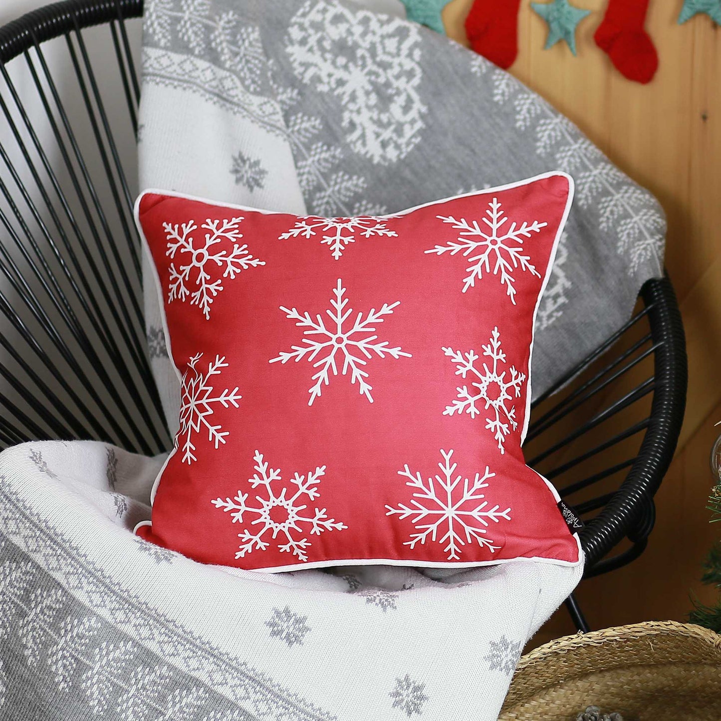 18"x18" Red Snowflakes Christmas Decorative Throw Pillow Cover