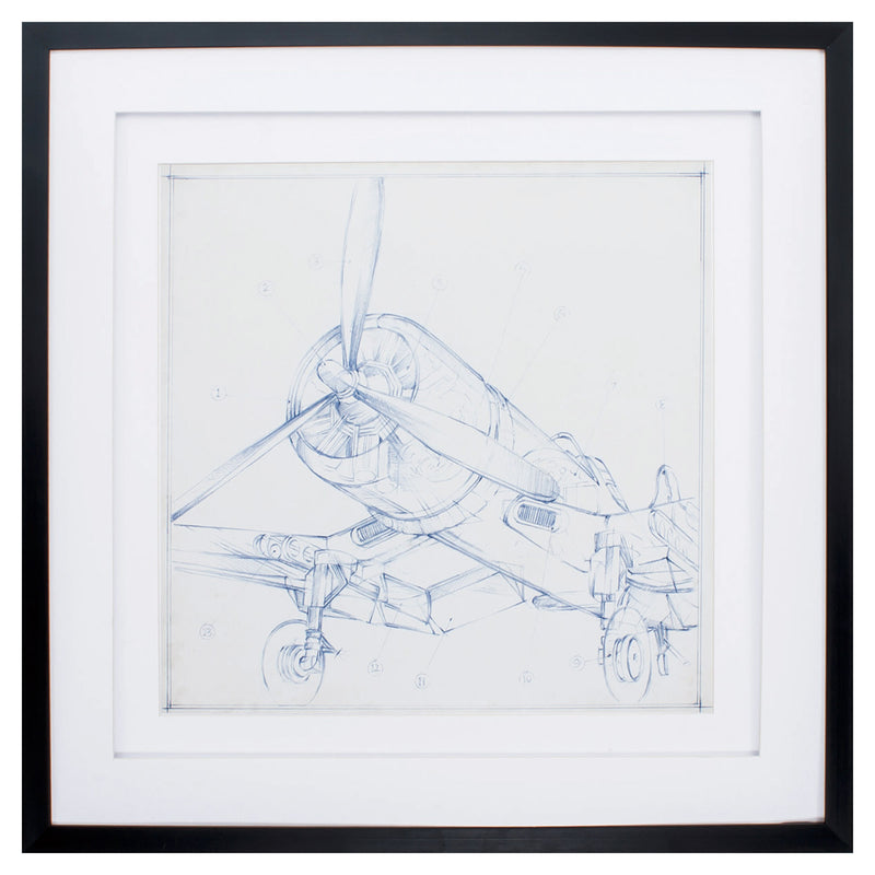 30" X 30" Dark Wood Toned Frame Airplane Sketch II