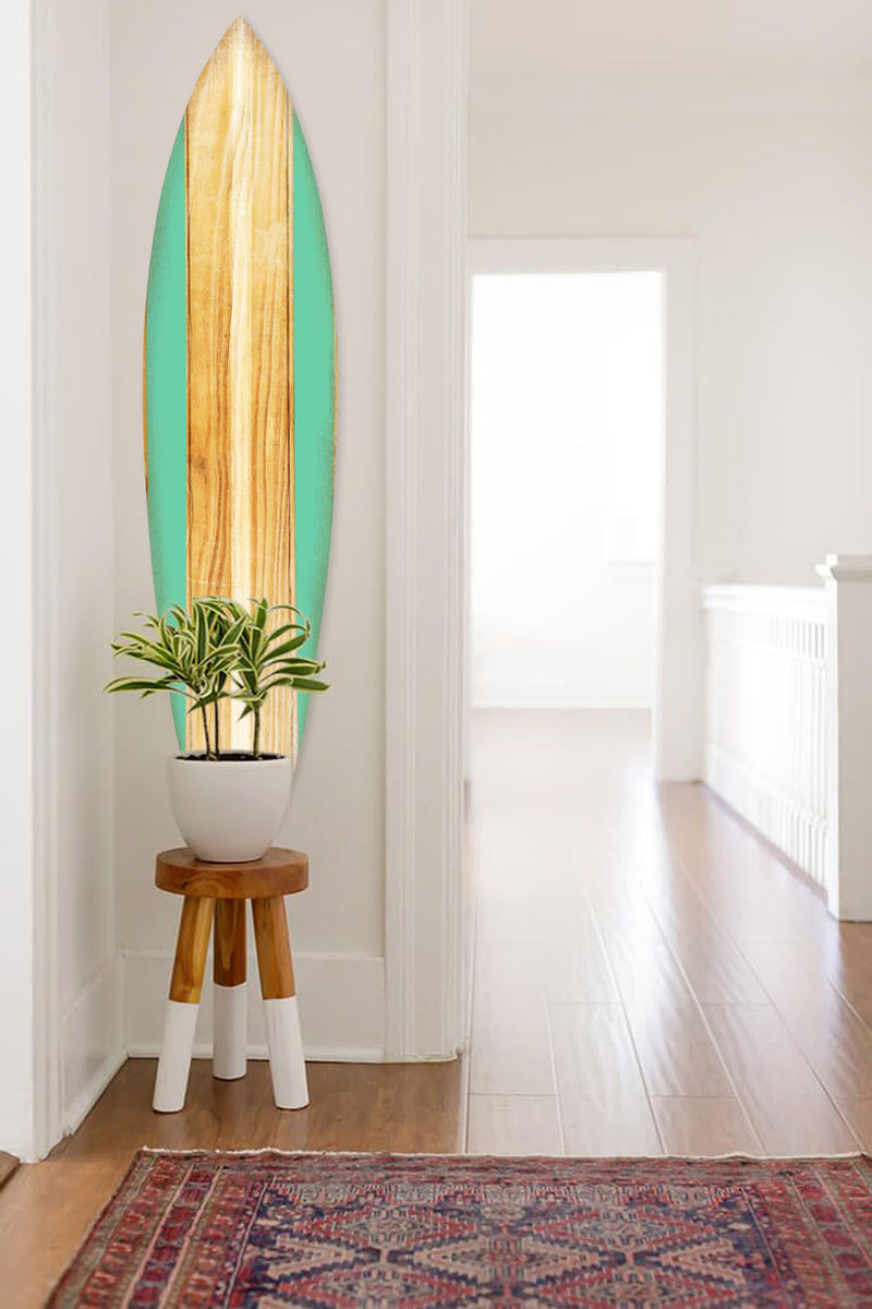 18" x 1" x 76" Wood, Green, Malibu Surfboard Wall Art features