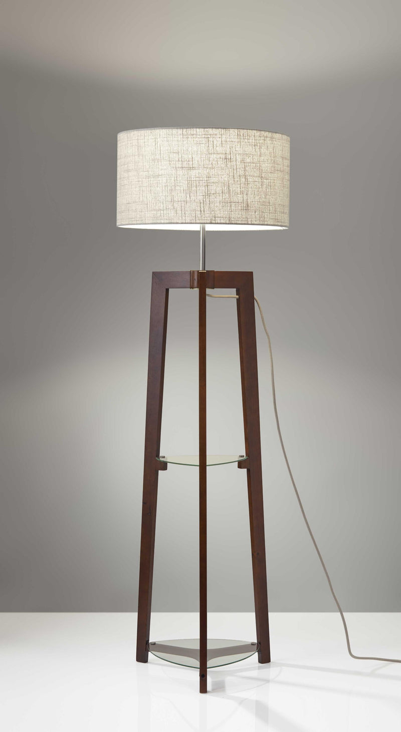 19" X 19" X 60" Walnut Rubber Wood Shelf Floor Lamp