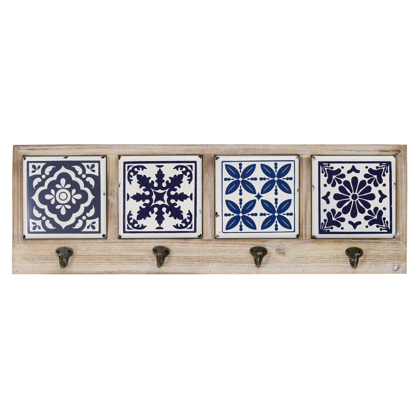 Blue and White Tile Wall Hanging with Metal Hooks