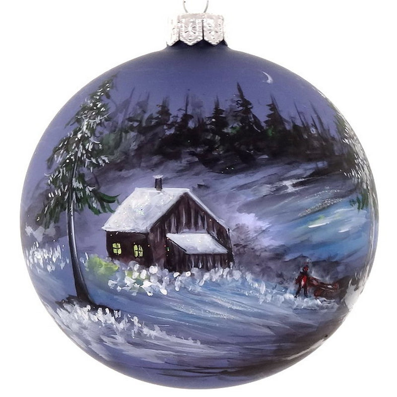 Mouth Blown Polish Glass Hand Painted Snowy Cabin Christmas Ornament