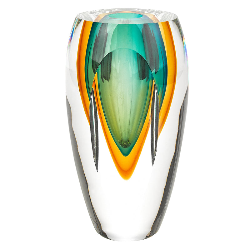 9.5" Mouth Blown Amber &amp; Green Art Glass Vase