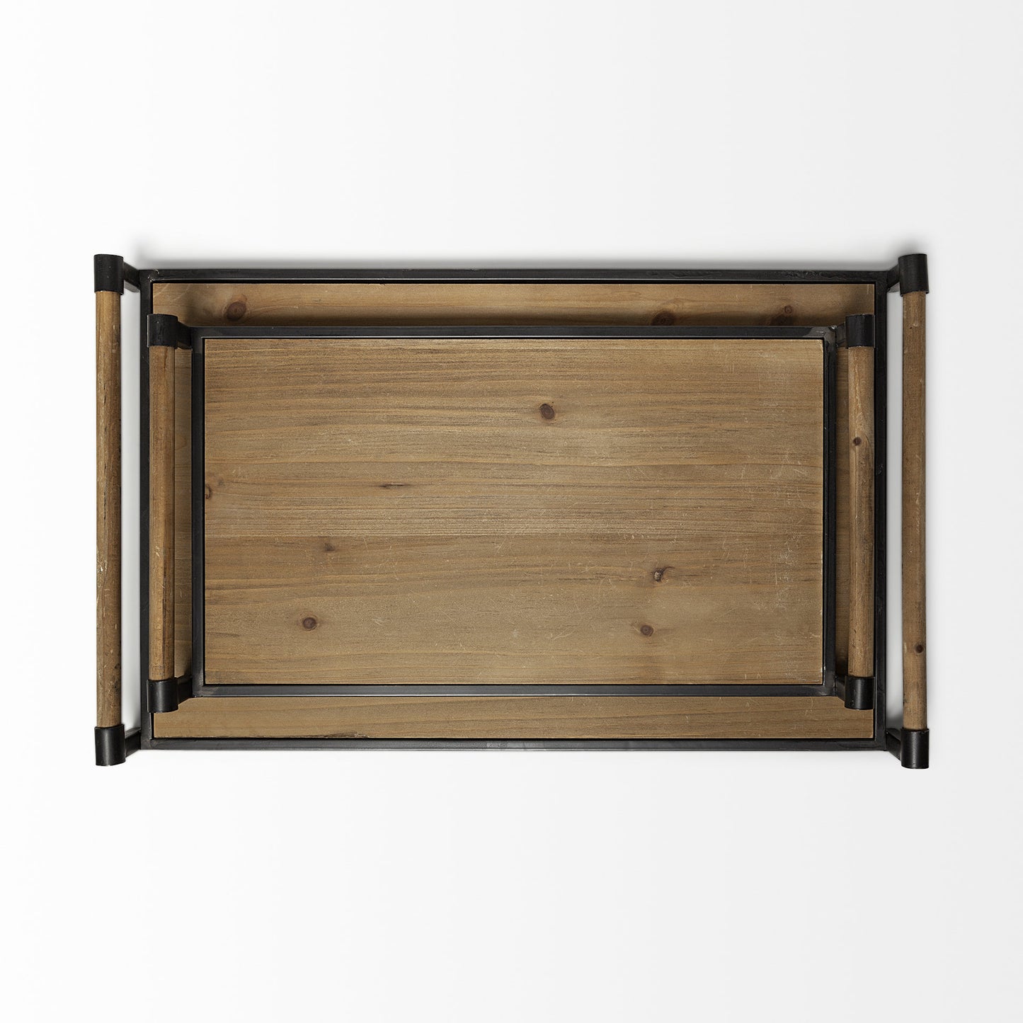 S-2 Light Brown Wood With Matte Black Metal Frame And Two Handles Trays