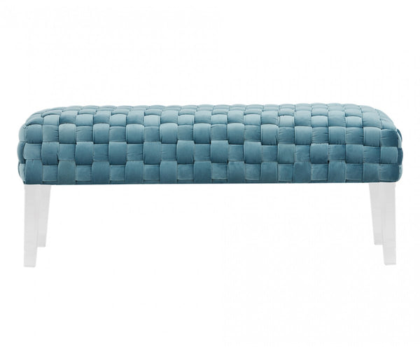 Rectangular Modern Light Teal Textured Velvet Bench with acrylic legs