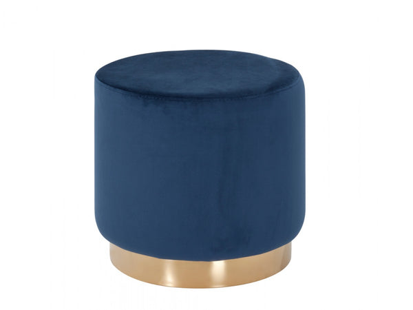 Round Modern Blue Velvet Ottoman with Gold Base