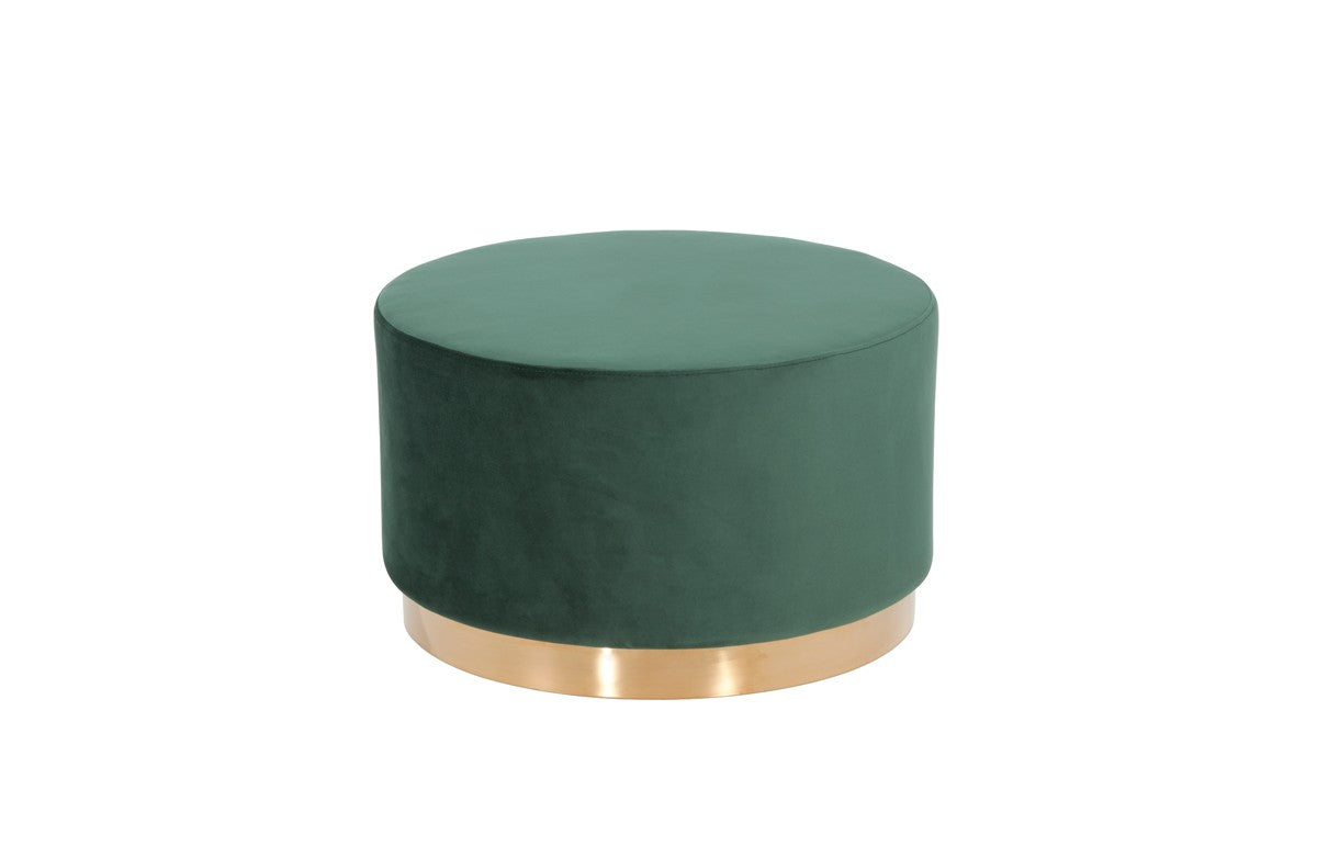 Round Modern Green Velvet Fabric Upholstered Ottoman w- Gold Stainless Steel Base