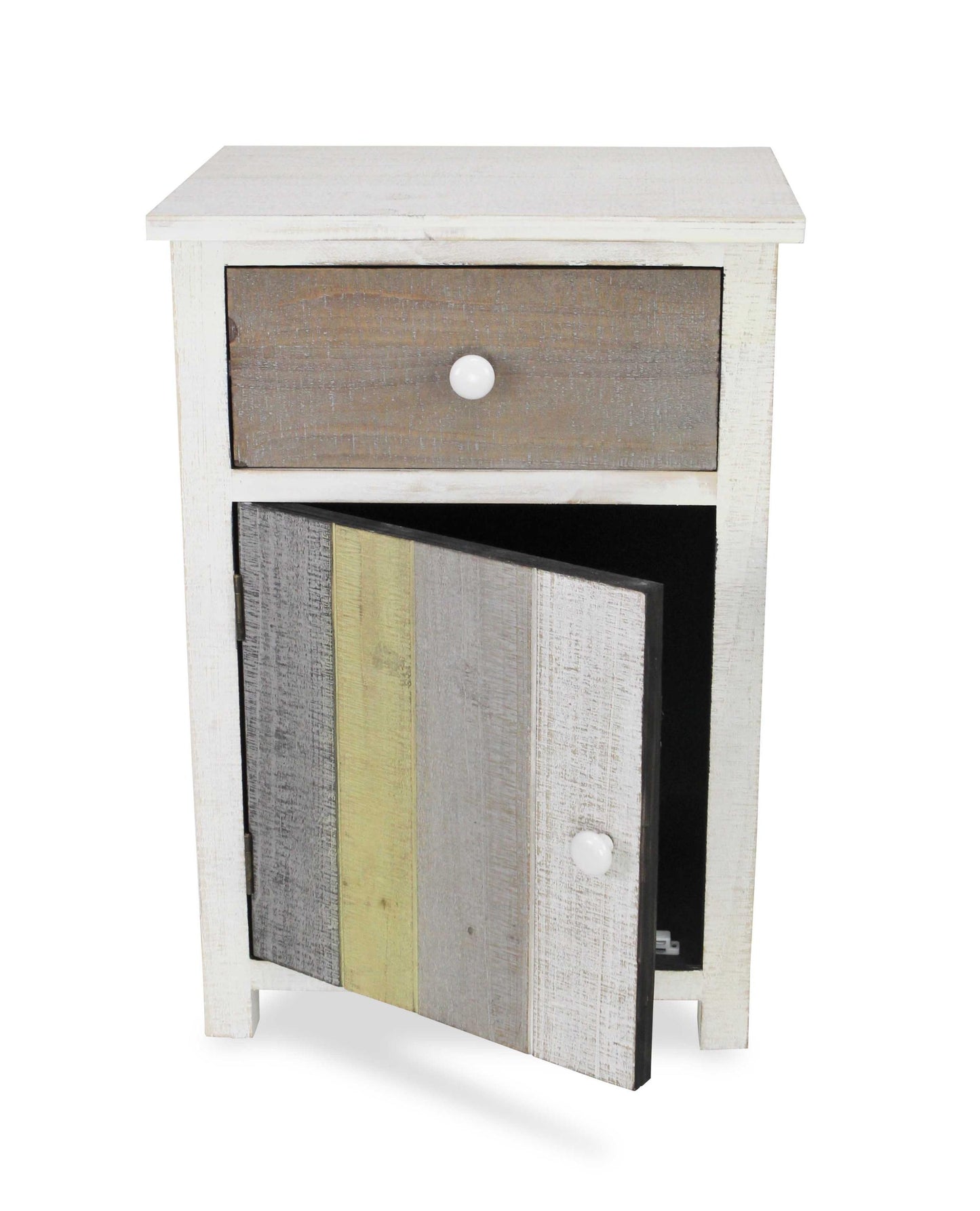 Rustic Distressed White Nightstand with Natural Gray and Green Accents