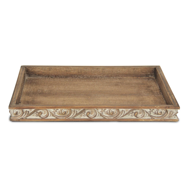 Distressed Finish Wood Tray with Side Carvings