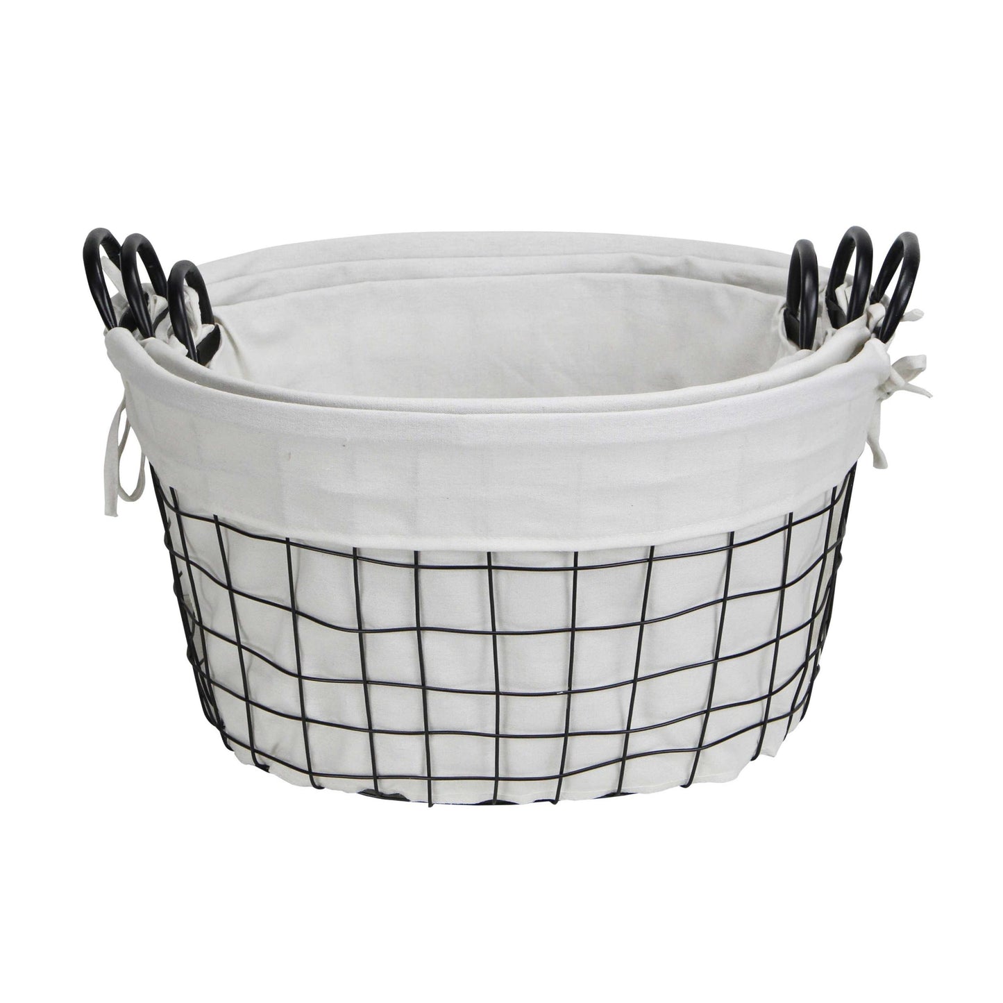 Set of 3 Oval White Lined and Metal Wire Baskets with Handles