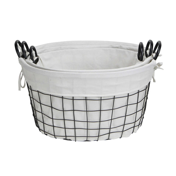 Set of 3 Oval White Lined and Metal Wire Baskets with Handles