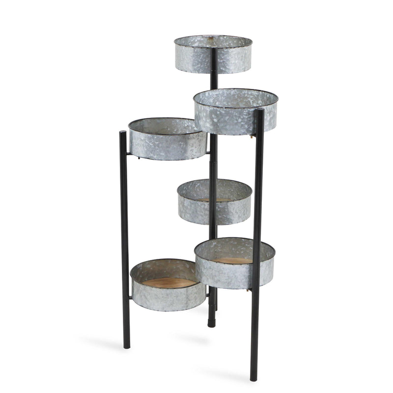 6 Metal Pot s and Wood Base Folding Plant Stand