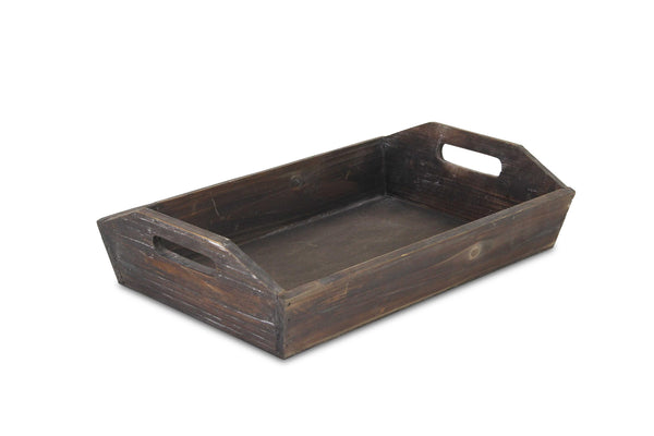 Rectangular Dark Rustic Brown Finish Wood Serving Tray with Handles