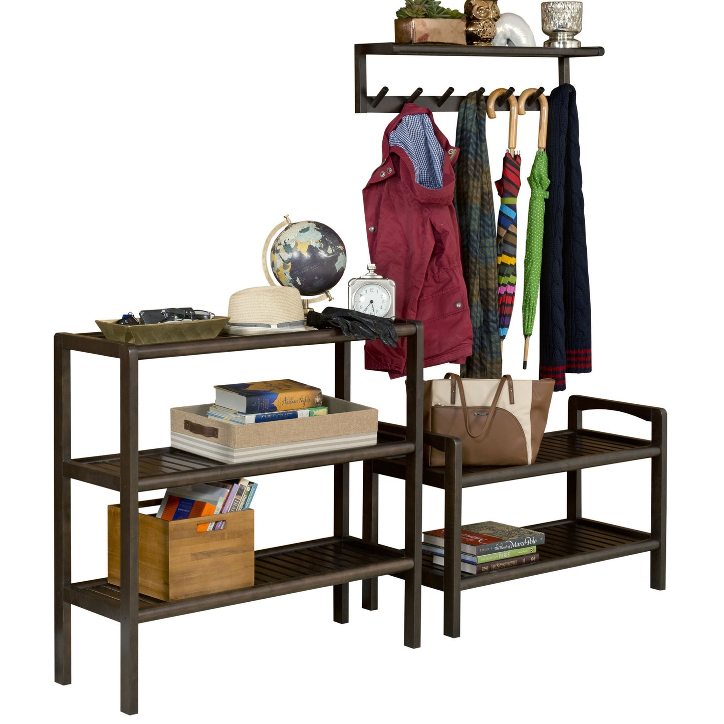 8" Wooden Wallmounted Large Peg Rack with Shelf in Espresso