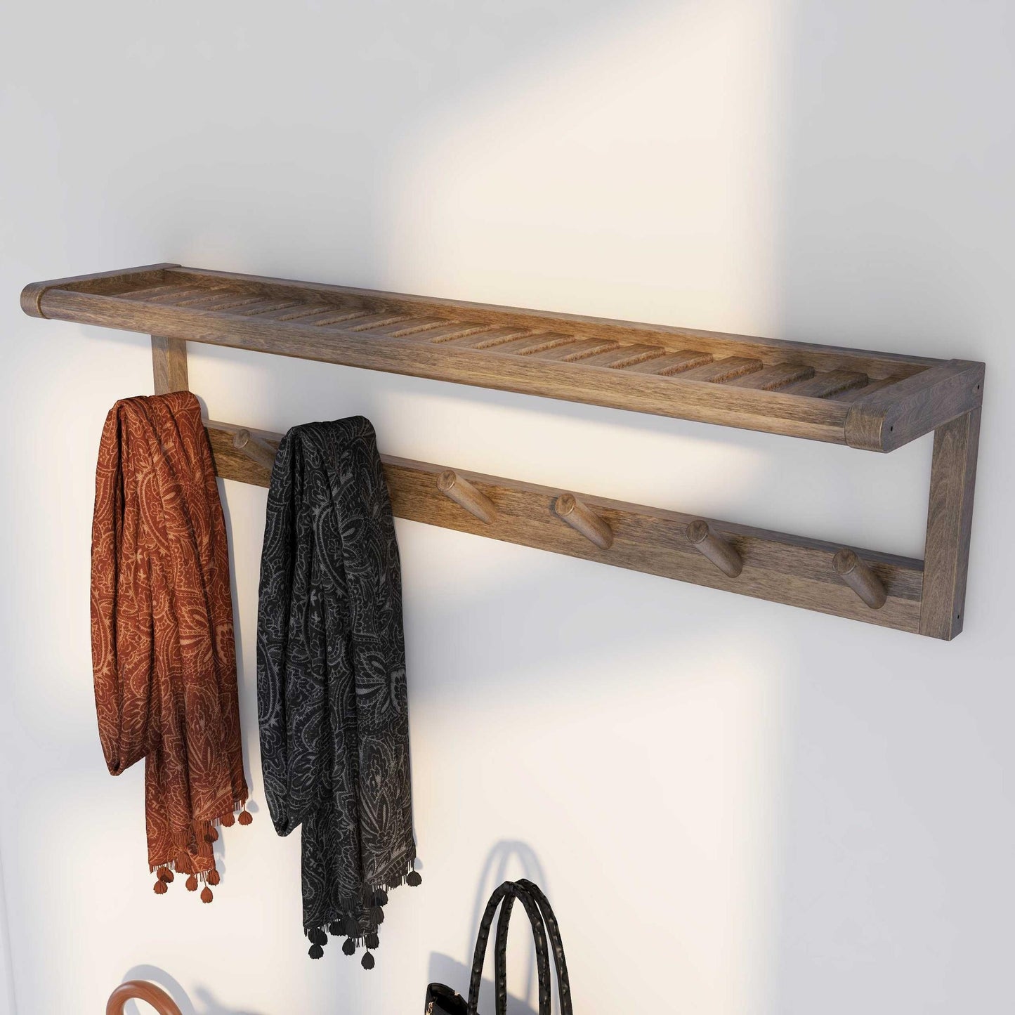 8" Wooden Wallmounted Large Peg Rack with Shelf in Antique Chesnut