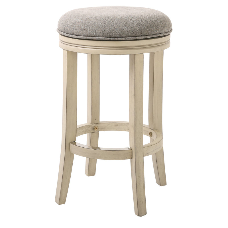 Bar Height Round Swivel Solid Wood Stool in Distressed Ivory Finished with Quartz Fabric