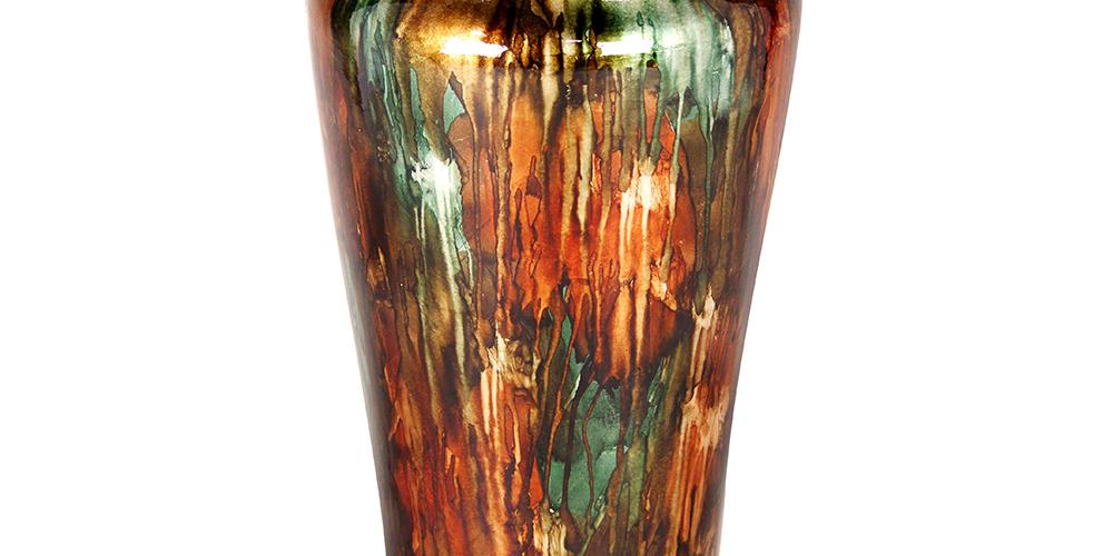 7" X 7" X 24.5" Turquoise Copper And Bronze Ceramic Foiled and Lacquered Ceramic Floor Vase